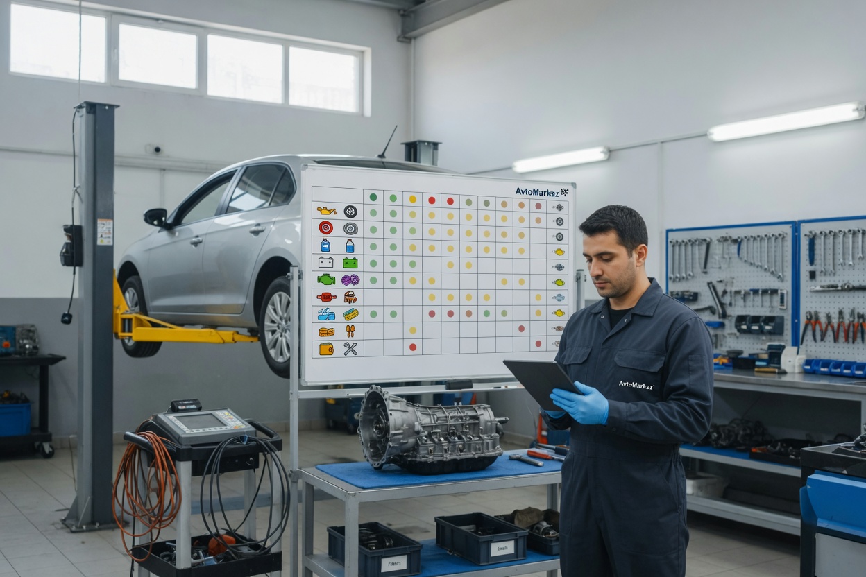 Clean modern AvtoMərkəz service bay with a car on a lift and a mechanic