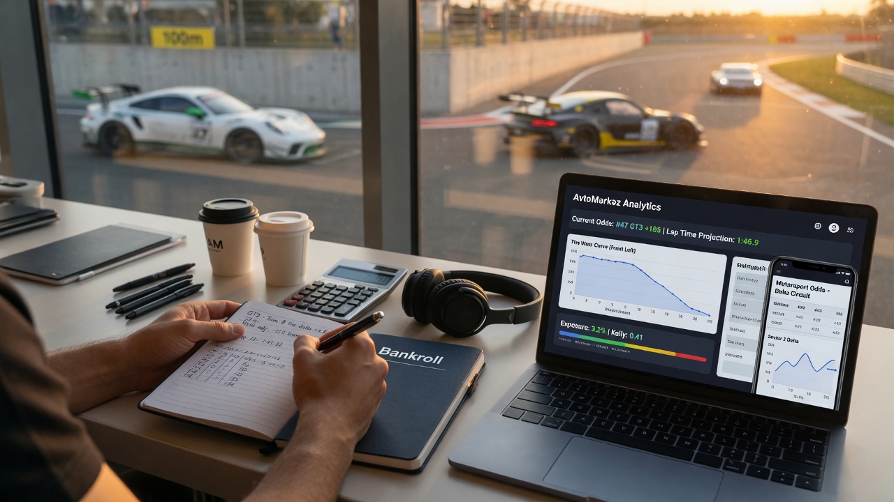 Trackside office scene: anonymous hands write in a bankroll notebook beside a laptop and